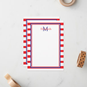 Rood en wit met Navy Blue Stripes Monogram Notitiekaartje