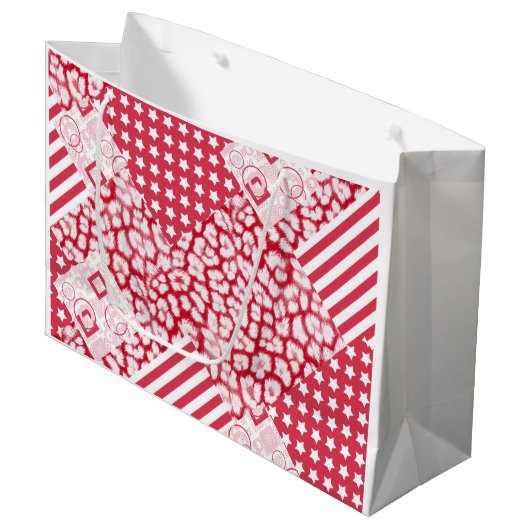 Rood en wit patchwork rustiek groot cadeauzakje (Voorkant Gekanteld)