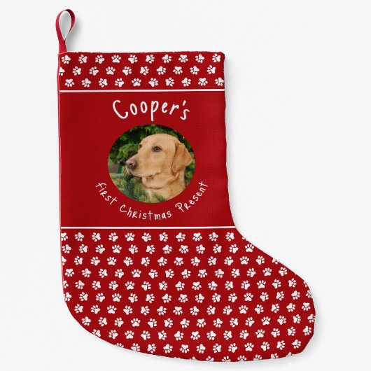 Rood en Wit Paw Prints Aangepaste Hond Kleine Kerstsok (Voorkant)