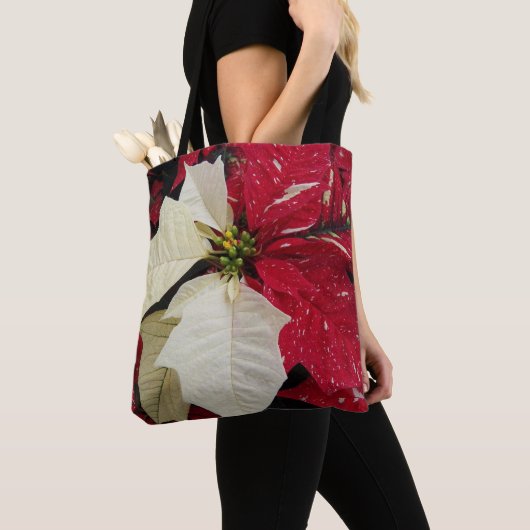 Rood en wit Poinsettia Holiday Tote Bag (Dichtbij)