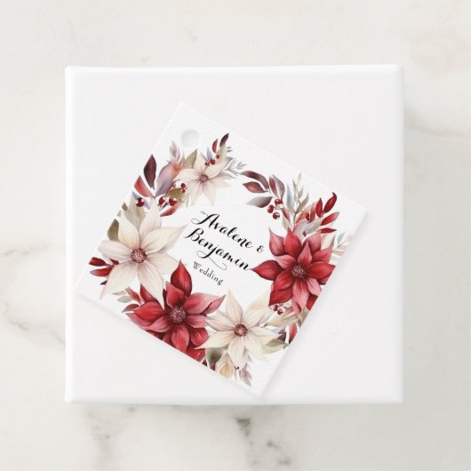 Rood en Wit Poinsettia Krans Waterverf Bruiloft Bedankjes Labels (In situ)