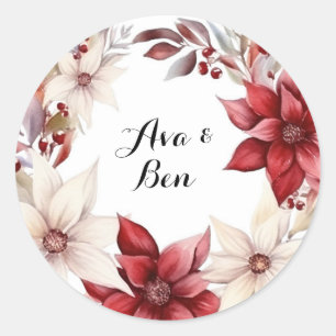 Rood en Wit Poinsettia Krans Waterverf Bruiloft Ronde Sticker