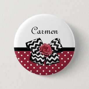 Rood en Wit Polka Dots Leuk Roos Chevron Bow Ronde Button 5,7 Cm