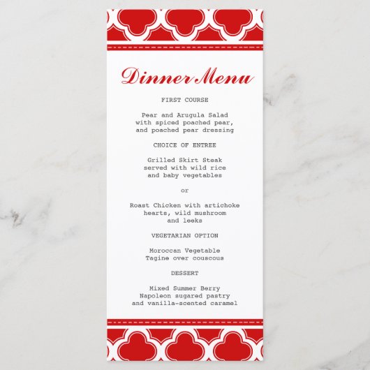 Rood en wit Quatrefoil Slim Dinner Menu (Voorkant)