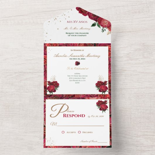 Rood en Wit Quinceañera Betaalbare Uitnodigingen (Binnen)