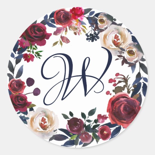Rood en wit Roos bloemenkrans monogram Ronde Sticker (Voorkant)