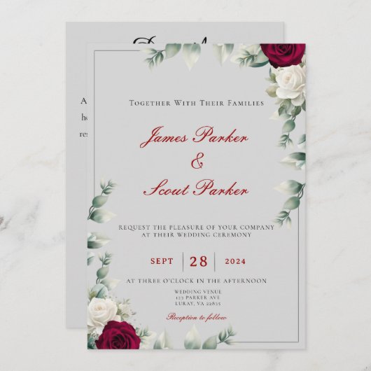 Rood en wit Roos bruiloft Kaart (Voorkant / Achterkant)