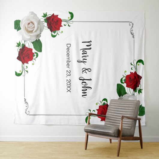 Rood en wit rozen kerstbruiloft Foto achtergrond Wandkleed (In Situ (horizontaal))