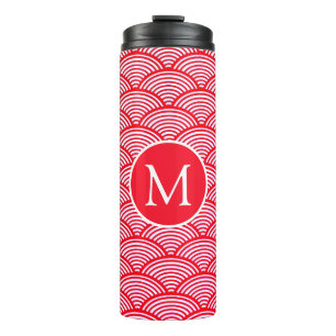 Rood en wit schelp patroon monogram thermosbeker