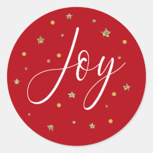 Rood en Wit Script Joy Gold Glitter Glanzende Ster Ronde Sticker