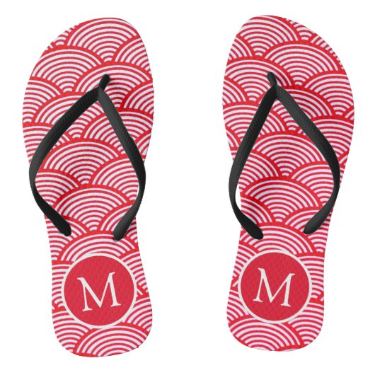 Rood en wit sint-jacobschelpenpatroon met monogram teenslippers (Voetbed)