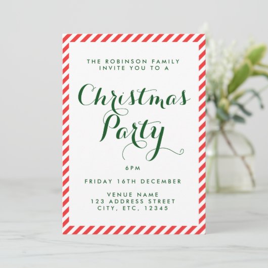 Rood en Wit snoep streep kerst uitnodiging (Staand voorkant)