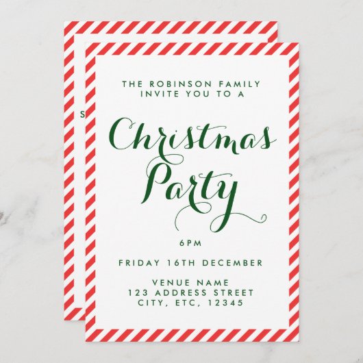 Rood en Wit snoep streep kerst uitnodiging (Voorkant / Achterkant)