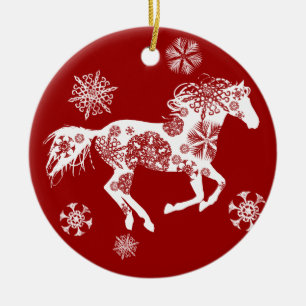 Rood en wit Snowflake kerstpaard Keramisch Ornament