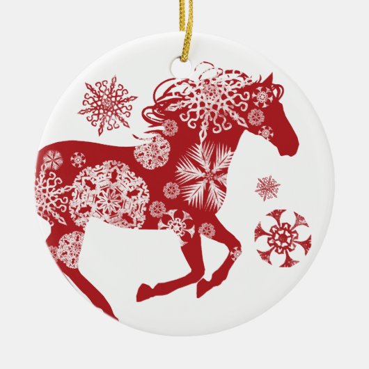 Rood en wit Snowflake kerstpaard Keramisch Ornament (Voorkant)