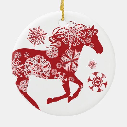 Rood en wit Snowflake kerstpaard Keramisch Ornament (Achterkant)
