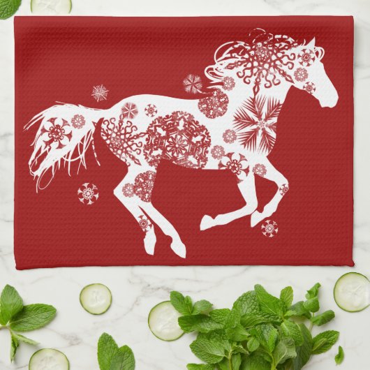 Rood en wit Snowflake kerstpaard Theedoek (Gevouwen)