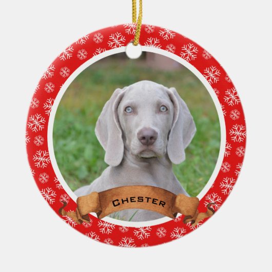 Rood en wit Snowflake Pet Photo Ceramic Ornament (Voorkant)