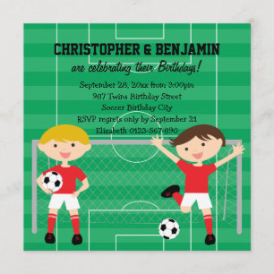 Rood en wit Twin Boys Soccer v2 Birthday Party Kaart