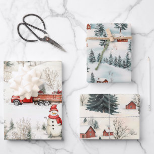 Rood en wit Woodland Snowman en Truck Kerstmis Inpakpapier Vel
