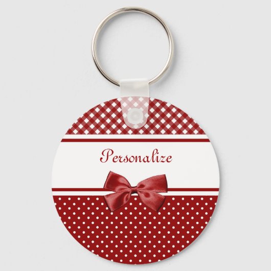 Rood- en witgingham- en pooldots met naam sleutelhanger (Voorkant)