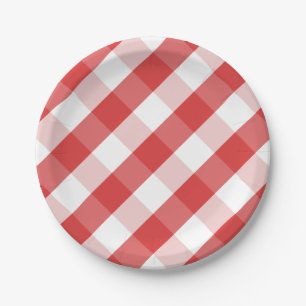 Rood- en witgingham-patroon papieren bordje