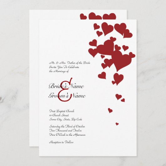 Rood- en witharten-bruiloft kaart (Voorkant / Achterkant)