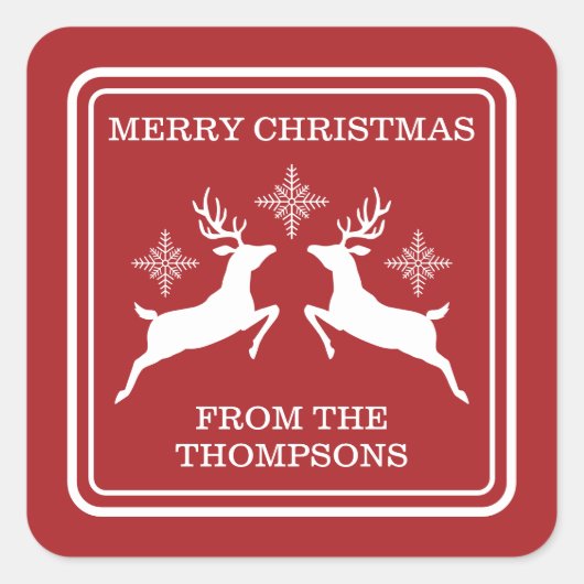 Rood- en witrendieren en sneeuwvlokken kerst vierkante sticker (Voorkant)