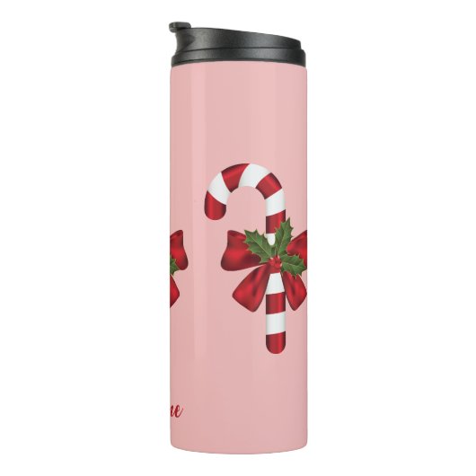 Rood- en witte kerstsnoepriet en aangepaste naam thermosbeker (Geroteerd rechts)