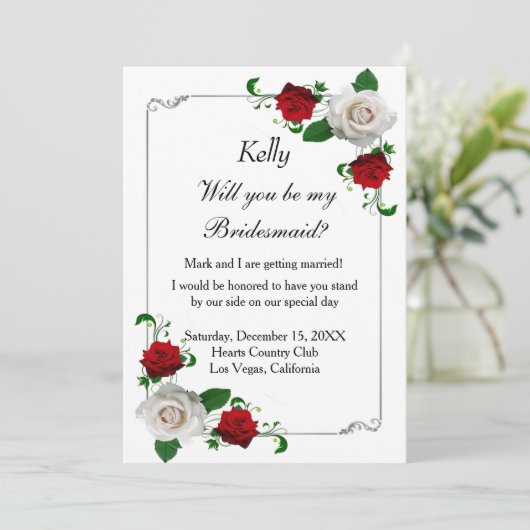Rood- en witte Rozen kerstbruiloft Bridesmaid Kaart (Staand voorkant)