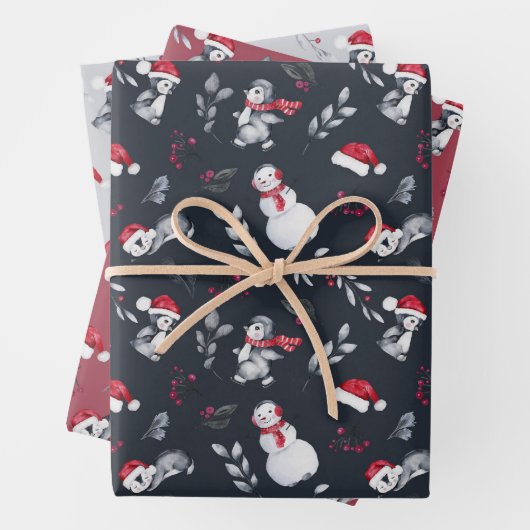 Rood- en wittebachenpinguïns en sneeuwmannen inpakpapier vel (In situ)