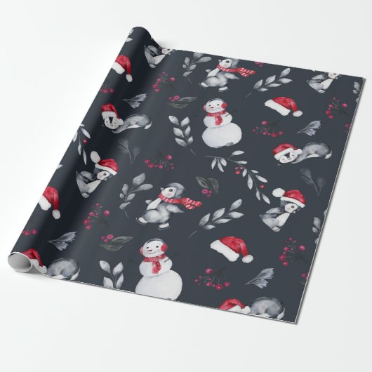 Rood- en wittebachenpinguïns en Snowmen Cadeaupapier (Uitgerold)