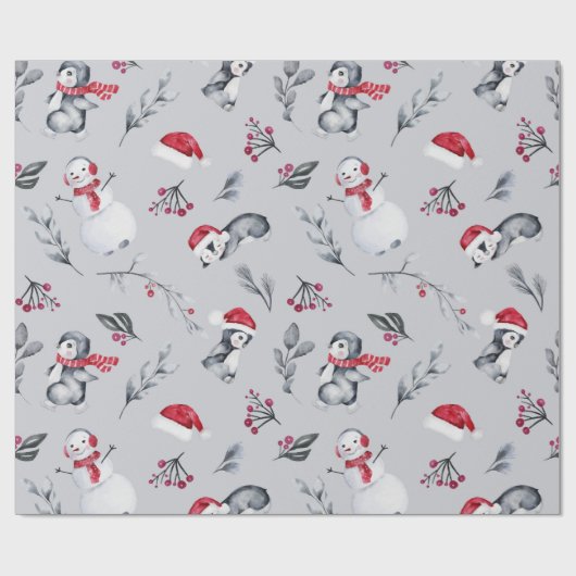 Rood- en wittebachenpinguïns en Snowmen Silver Cadeaupapier (Vlak)