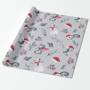 Rood- en wittebachenpinguïns en Snowmen Silver Cadeaupapier