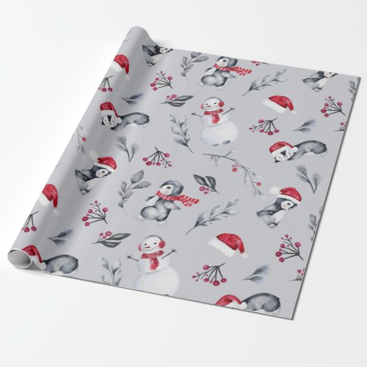 Rood- en wittebachenpinguïns en Snowmen Silver Cadeaupapier (Uitgerold)