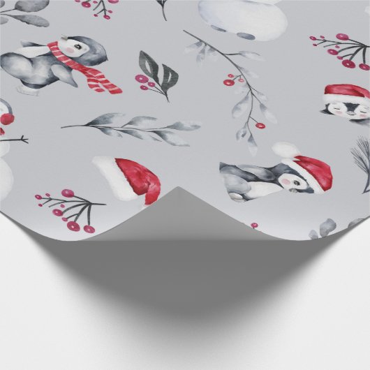 Rood- en wittebachenpinguïns en Snowmen Silver Cadeaupapier (Hoek)