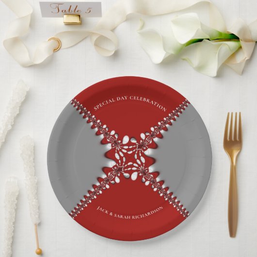 Rood en Zilver Batik Fractal Lace Papieren Bordje (Huwelijk)