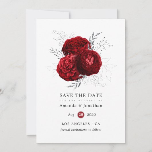 Rood en zilver bloemen bruiloft save the date (Voorkant)
