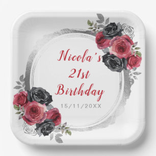Rood en Zilver Elegant Bloemen Verjaardagsfeest Papieren Bordje