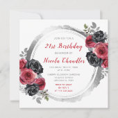 Rood en Zilver Elegante Bloemen Verjaardagsfeest Kaart (Voorkant)