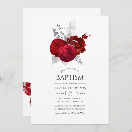 Rood en Zilver  Roos Baptisme Kaart (Voorkant / Achterkant)