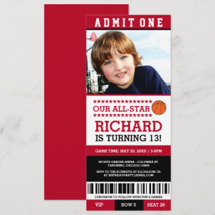 Rood en zwart Basketball Ticket Birthday Invites Kaart
