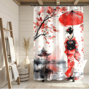 Rood en Zwart Bloemmotief Geisha   Douchegordijn
