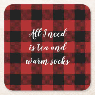 Rood en Zwart Buffalo Plaid Aangepast Gezegde Vierkante Kartonnen Onderzetter