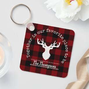 Rood en Zwart Buffalo Plaid Rustieke Familienaam Sleutelhanger