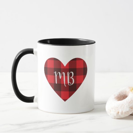 Rood en zwart Buffalo Plakt/Check Monogram Hart Mok (Met donut)