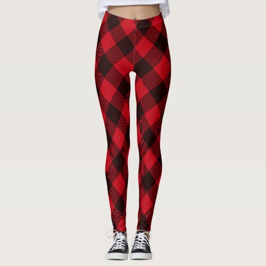 Rood en Zwart Buffel Check geruite Winter Patroon Leggings (Voorkant)
