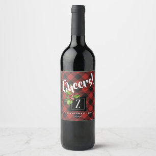 Rood en zwart buffel met kerstmonogram wijn etiket