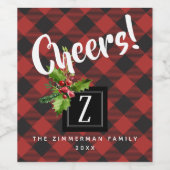 Rood en Zwart Buffel Plaid Kerstmis Monogram Wijn Etiket (Enkel label)