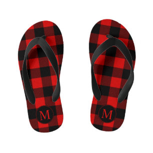 Rood en zwart buffelplaid met monogram kinder teenslippers